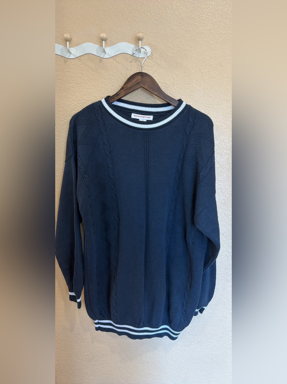 100% cotton The Limited Navy Crewneck Sweater with White Stripe Trim